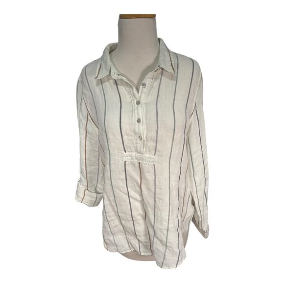 ARTISANNY 100% Linen Size Medium White Stripped Tunic 1/4 Button Down Lounge - Picture 10 of 11
